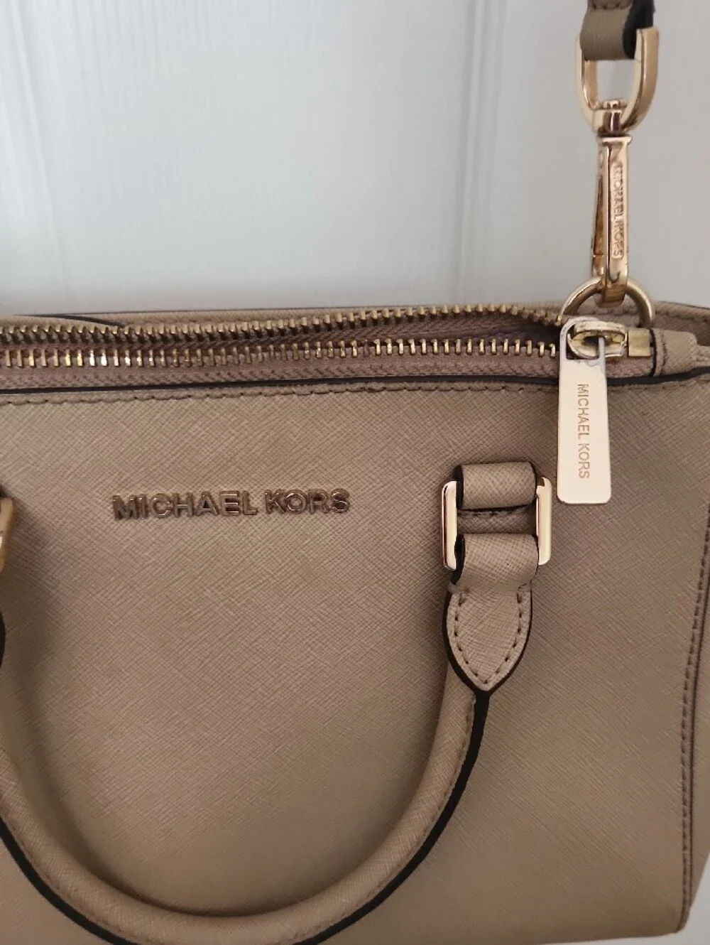 Michael Kors taupe Saffiano leather crossbody satchel